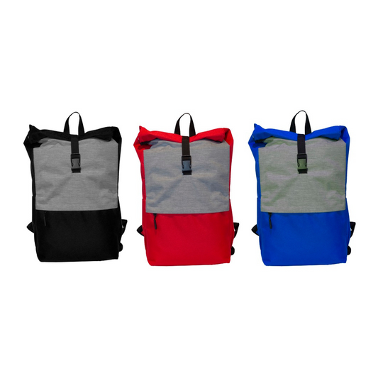 Three customisable backpacks in black, red, and blue, showcasing color options for corporate gifts and merchandise.