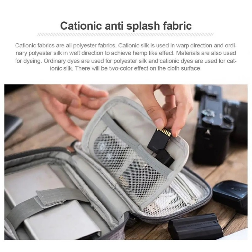 Custom corporate merchandise tech organiser made with cationic anti-splash fabric, detailing its durable polyester material, making it a robust corporate gift.