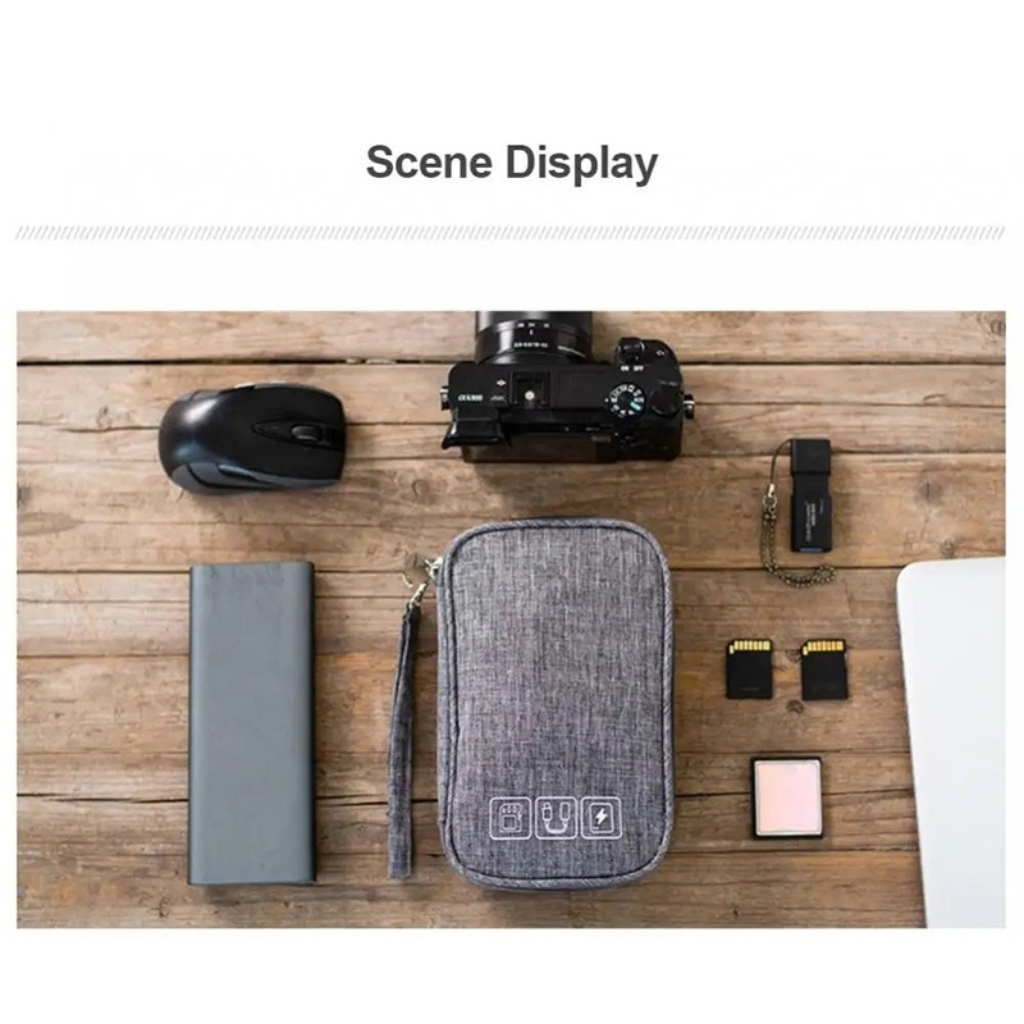 Custom corporate merchandise tech organiser pouch displayed with various electronic accessories, showcasing its utility for corporate gifts and custom swag.