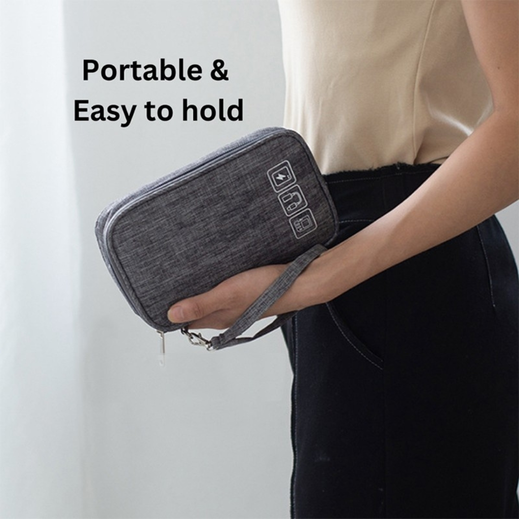 Custom swag travel accessory pouch, illustrating its portable design, an excellent corporate gift for business travelers.