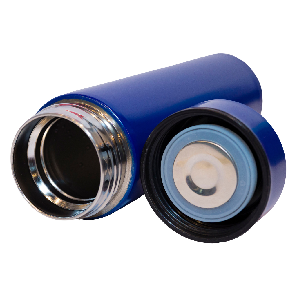 Customizable stainless steel bottle with cap open, showing the insulated interior