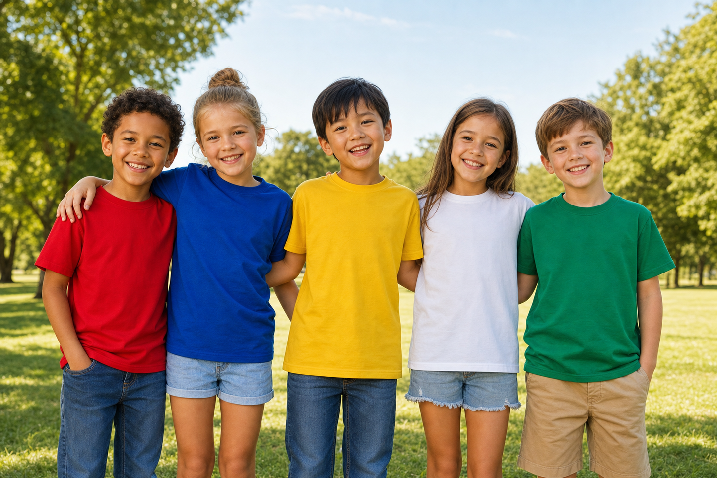 Group of five kids wearing the Kids Comfy Cotton Tee in red, blue, yellow, white and green outdoors