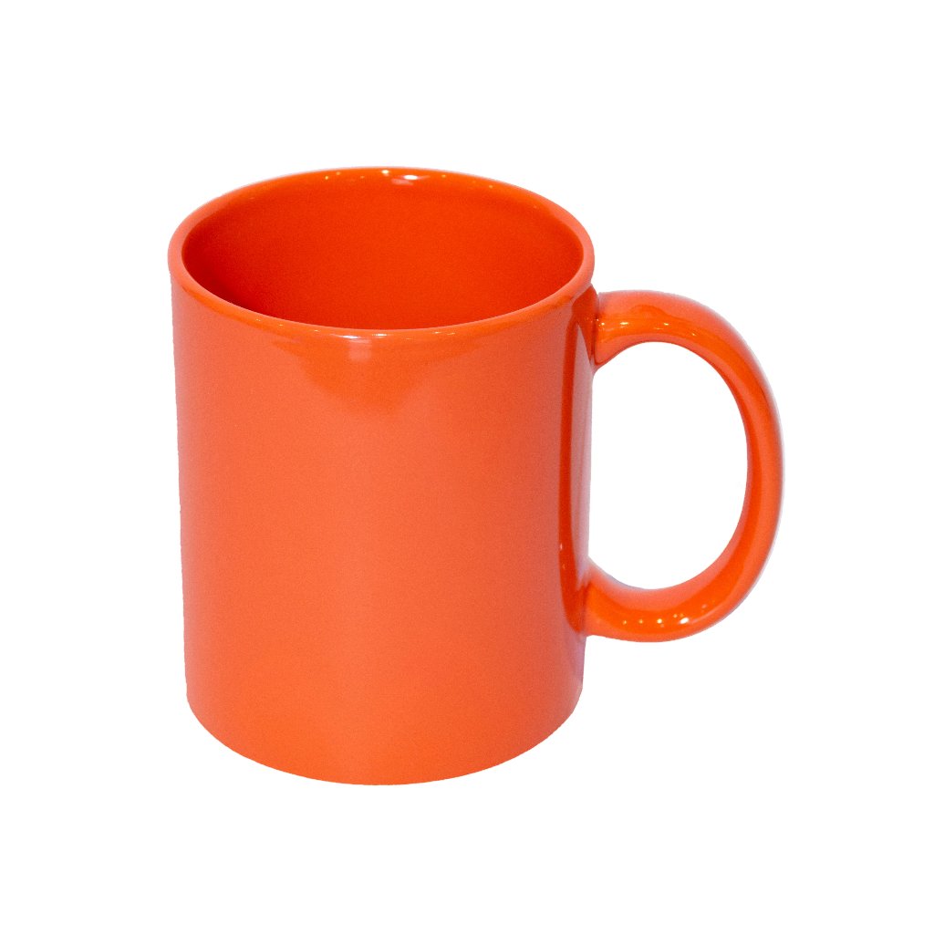 Personalised orange ceramic mug with corporate logo for branding purposes
