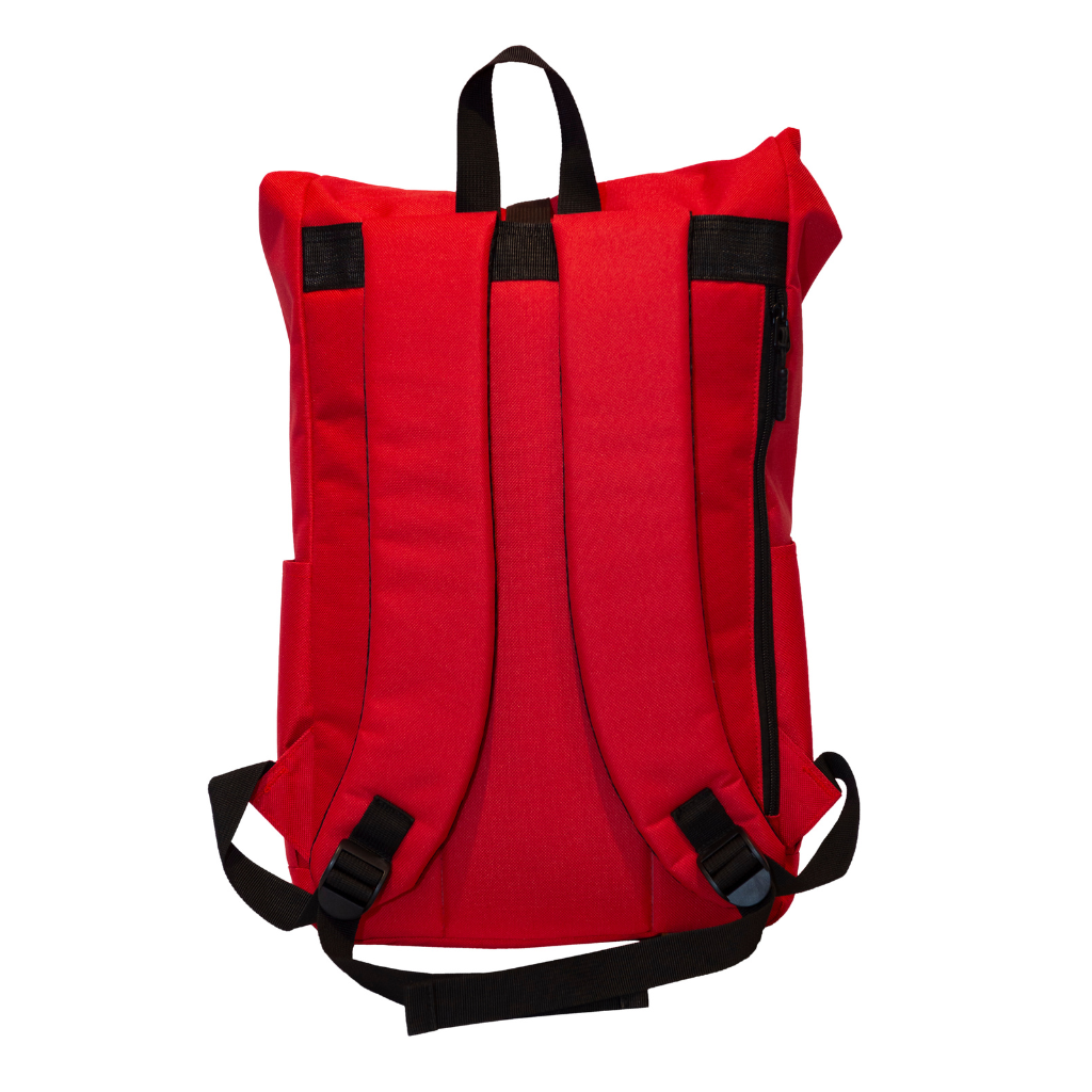 Back view of a red backpack, showcasing straps and design details suitable for custom corporate gifts.