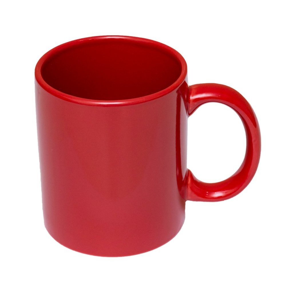Red coloured ceramic mug with custom corporate logo branding for swags