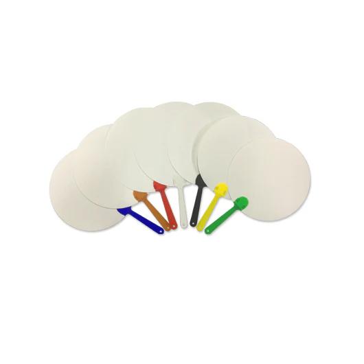 Layout of many plastic handheld fan in different handle colours